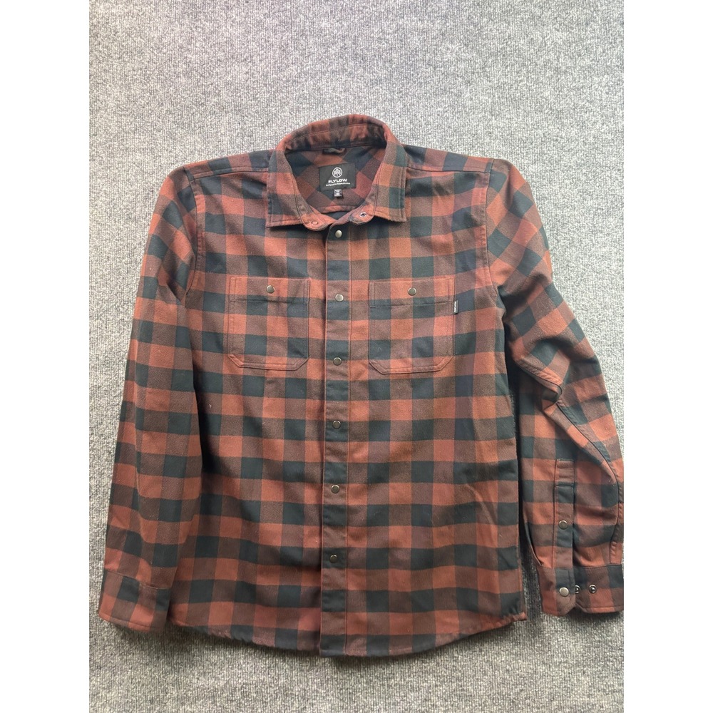 Flylow Flannel Shirt Mens Medium Rust Black Buffalo Plaid Snap Front Wool Blend